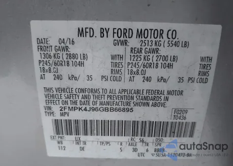 2016 Ford Edge Sel from USA, damaged, VIN 2FMPK4J96GBB66895